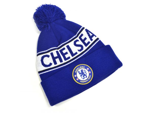 Chelsea Text Knitted Bobble Hat Royal White Blue Print