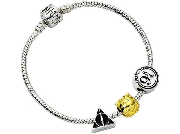 Harry Potter Silver Plated Bracelet with Deathly Hallows Golden Snitch and Platform 9 Quarters Charm – official Wizarding World merchandise photo (1 of 2)