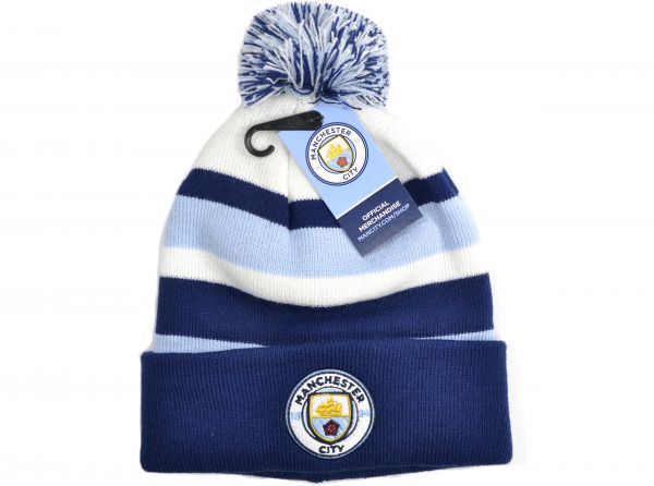 Manchester City FC Bronx Turn Up Knitted Bobble Hat Sky Navy White