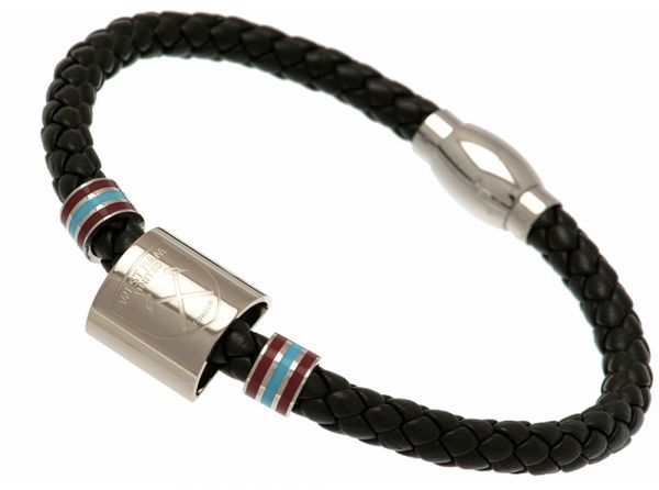 West Ham United Stainless Steel Colour Ring Leather Bracelet