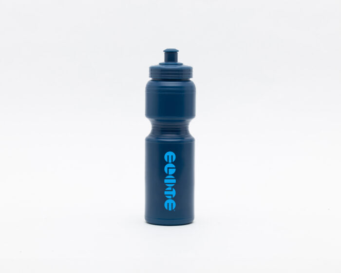 Navy blue plastic water bottle with logo