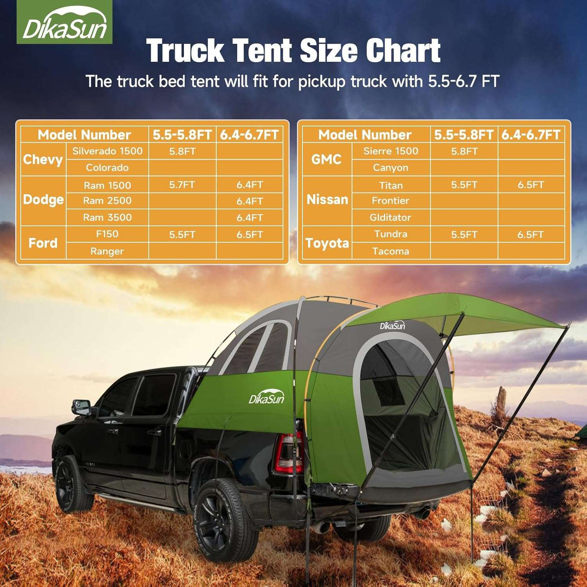 5.5-6.7ft Pickup Truck Bed Tent with Awining Green-3