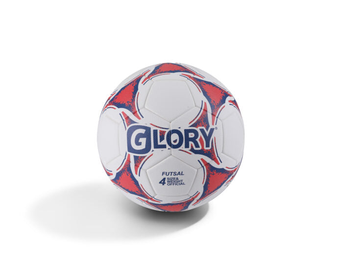 White indoor soccer ball with red and navy blue design