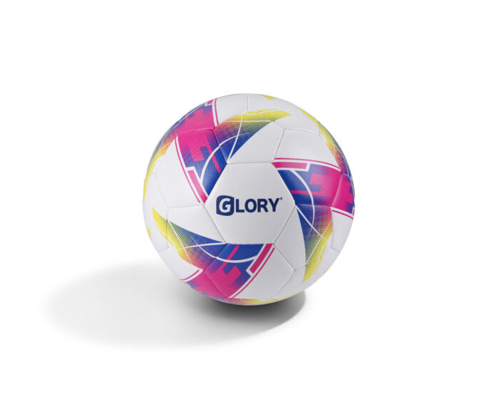 White football with yellow pink and purple graphic design