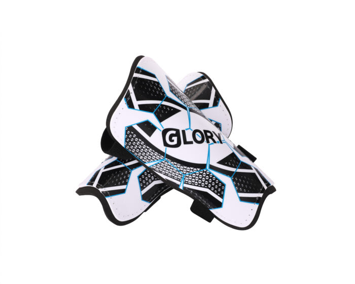 Pair of shin guards with black white and blue pattern and logo