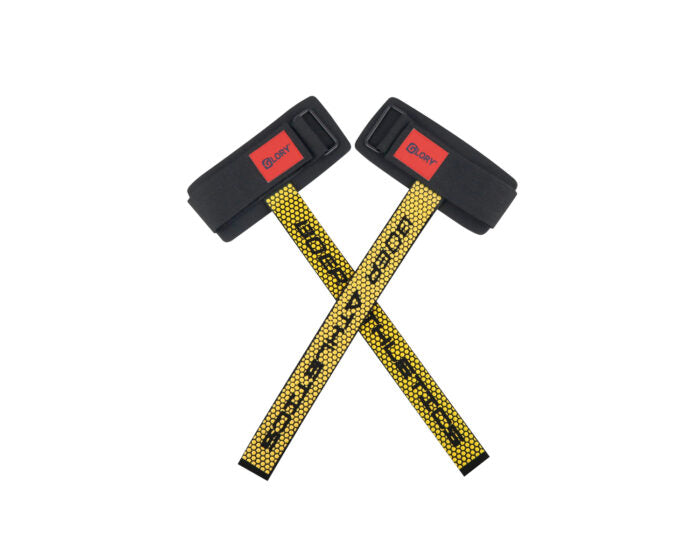 Pair of black wrist guards with red and black logo and yellow straps