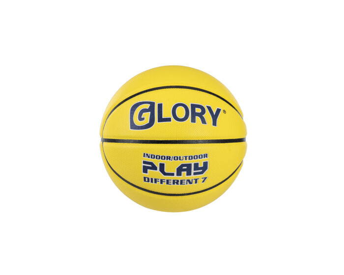 Match quality bright yellow basketball with black grooves and logo
