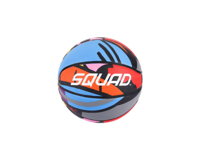 Recreational quality basketball with black grooves and multicolour pattern