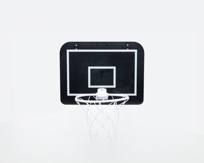 Black and white basketball hoop and backboard