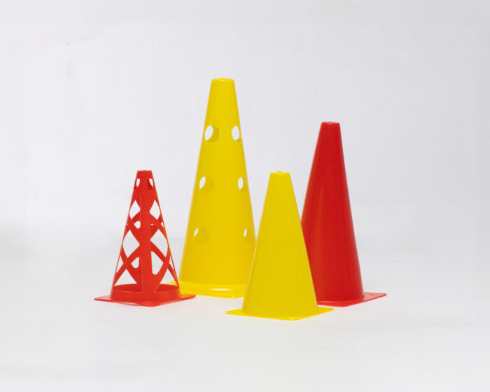 Various sized solid and cutout mark cones in yellow and red