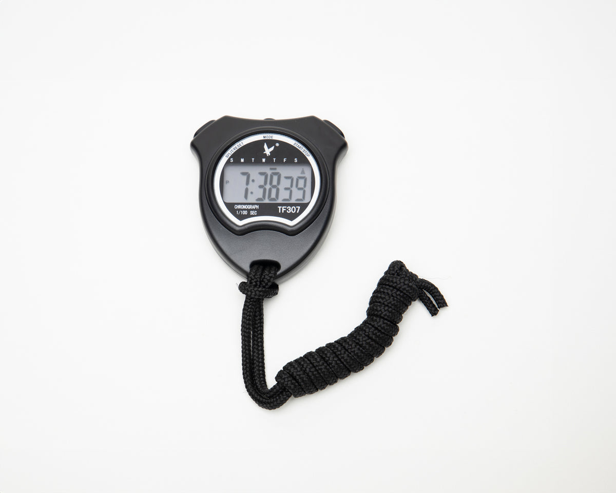 Speed response digital stopwatch timer in black with fabric strap